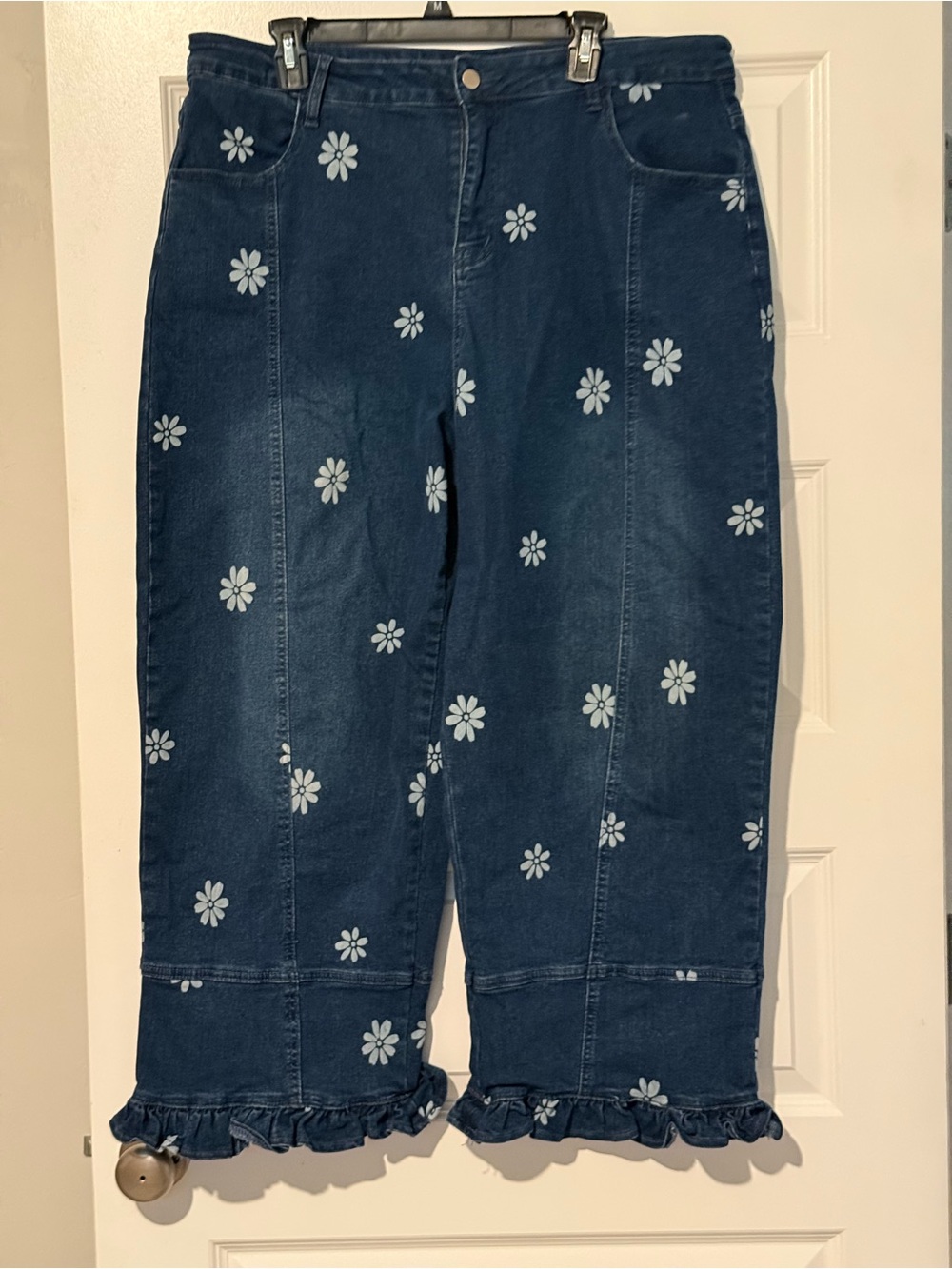 Amazon Dark Blue Floral Ruffle-Hem Jeans